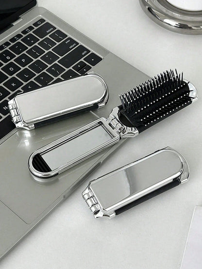 1pc Foldable Silver-Plated Comb With Mirror- Portable Compact Hair Brush, Travel-Friendly Hair Tool For Barber Salon, Beauty & Daily Use,Hair Tools,Hair Items,Travel Essential,Travel,Barber,Hairstyli