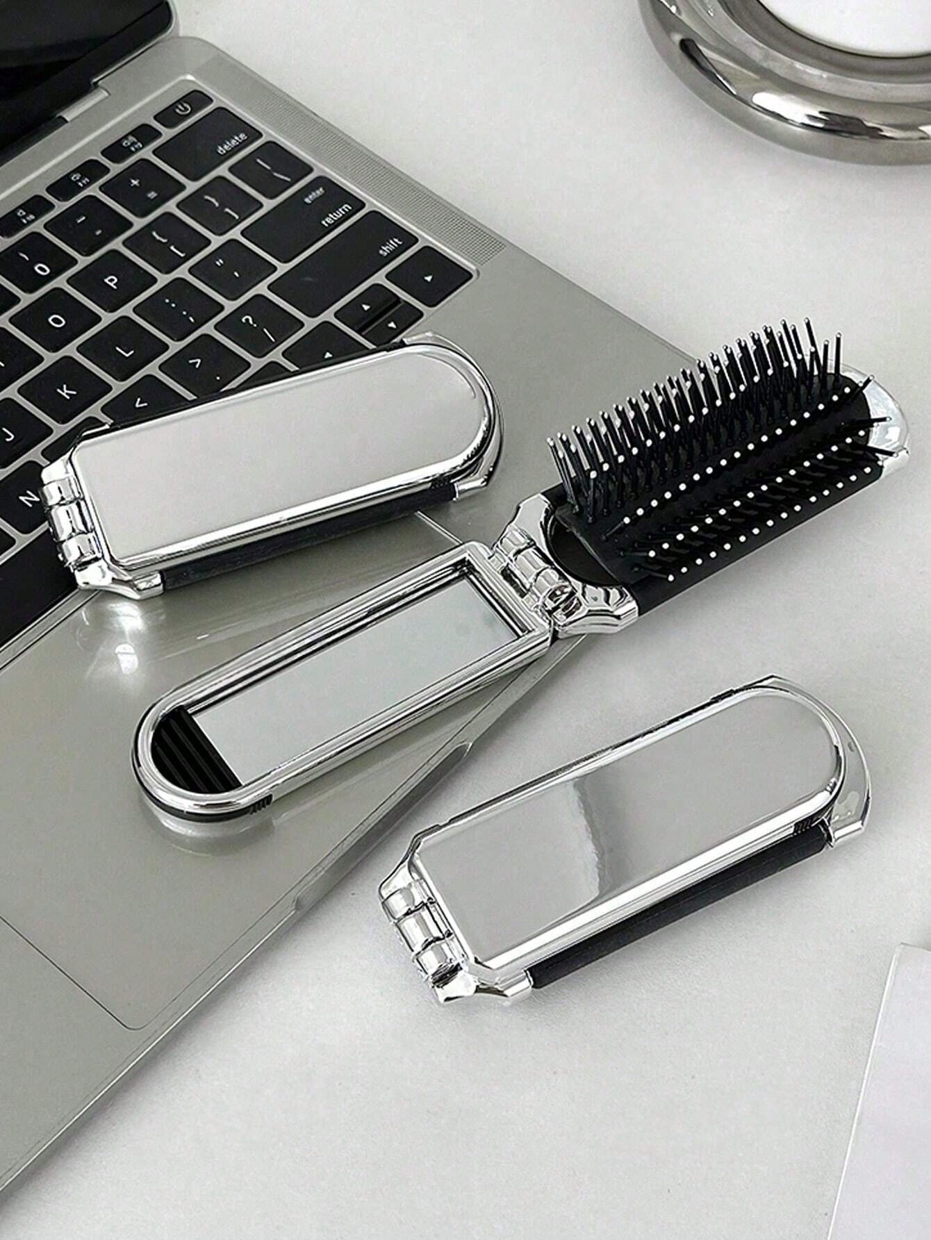 1pc Foldable Silver-Tone Metallic Comb With Built-In Mirror, Compact & Portable