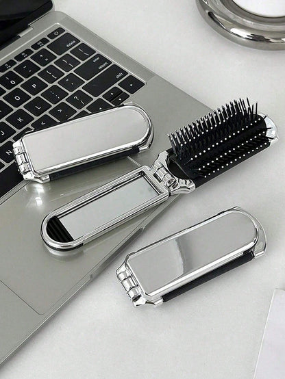 1pc Foldable Silver-Tone Metallic Comb With Built-In Mirror, Compact & Portable