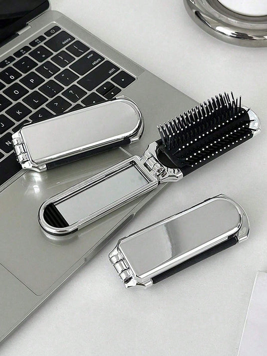 1pc Foldable Silver-Tone Metallic Comb With Built-In Mirror, Compact & Portable