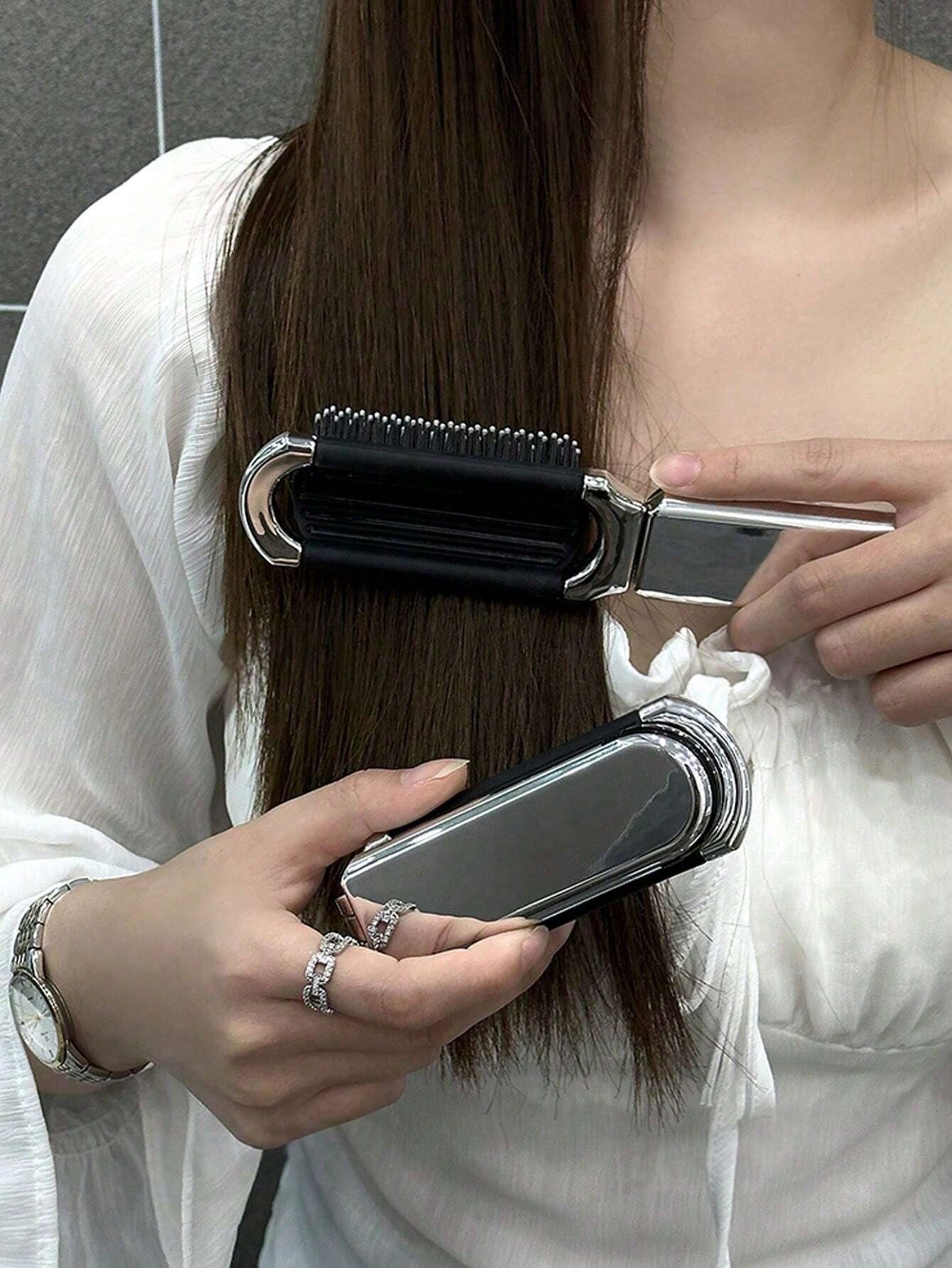 1pc Foldable Silver-Tone Metallic Comb With Built-In Mirror, Compact & Portable