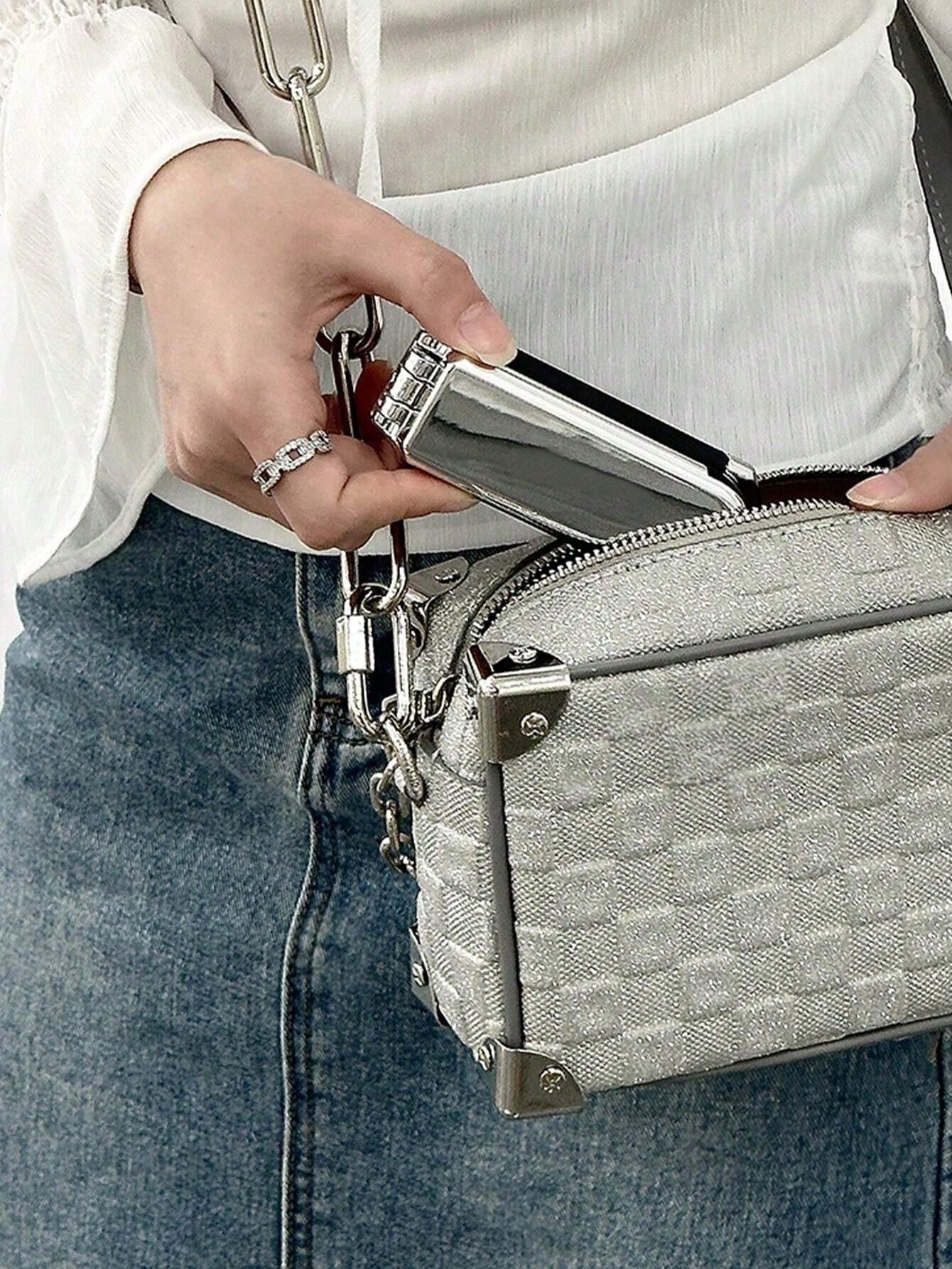 1pc Foldable Silver-Tone Metallic Comb With Built-In Mirror, Compact & Portable