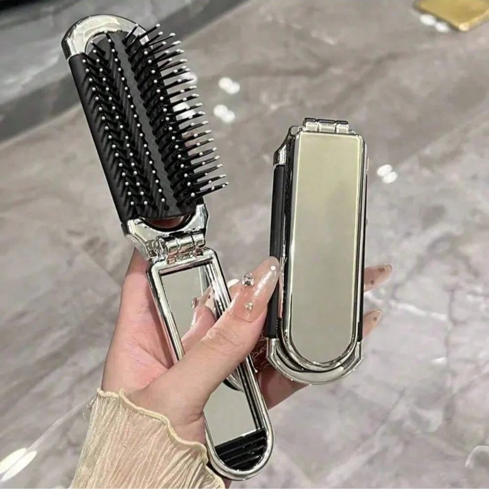 1pc Foldable Silver-Tone Metallic Comb With Built-In Mirror, Compact & Portable