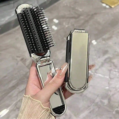 1pc Foldable Silver-Tone Metallic Comb With Built-In Mirror, Compact & Portable