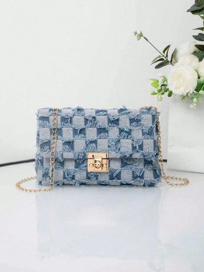 1pc Girls' Argyle Crossbody Bag, Small Square Shoulder Bag, Coin Purse, Fashion Versatile Minimalist Chain Design, Suitable For Daily, Shopping, Ideal Gift
