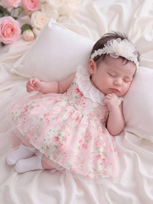 1pc Girls Sweet Princess Style Light Pink Ditsy Floral Lace Trim Mesh Sleeveless A-Line Dress Cute Lightweight Summer Dress For Birthday Festival