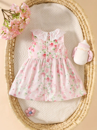 1pc Girls Sweet Princess Style Light Pink Ditsy Floral Lace Trim Mesh Sleeveless A-Line Dress Cute Lightweight Summer Dress For Birthday Festival