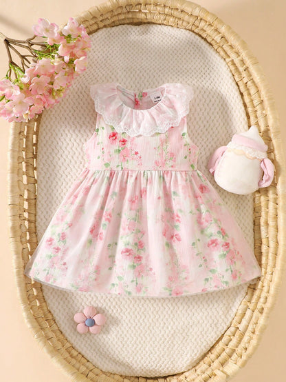 1pc Girls Sweet Princess Style Light Pink Ditsy Floral Lace Trim Mesh Sleeveless A-Line Dress Cute Lightweight Summer Dress For Birthday Festival