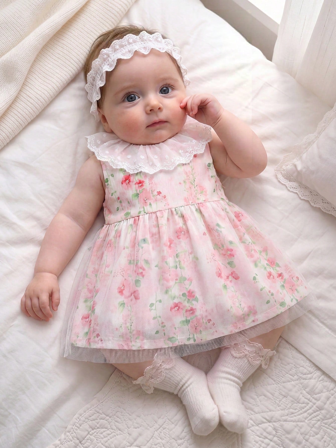 1pc Girls Sweet Princess Style Light Pink Ditsy Floral Lace Trim Mesh Sleeveless A-Line Dress Cute Lightweight Summer Dress For Birthday Festival