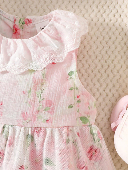 1pc Girls Sweet Princess Style Light Pink Ditsy Floral Lace Trim Mesh Sleeveless A-Line Dress Cute Lightweight Summer Dress For Birthday Festival