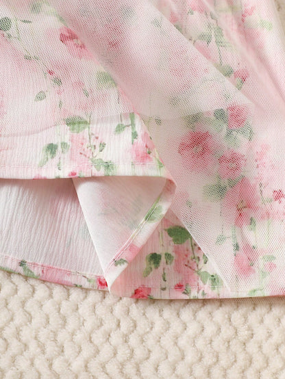 1pc Girls Sweet Princess Style Light Pink Ditsy Floral Lace Trim Mesh Sleeveless A-Line Dress Cute Lightweight Summer Dress For Birthday Festival
