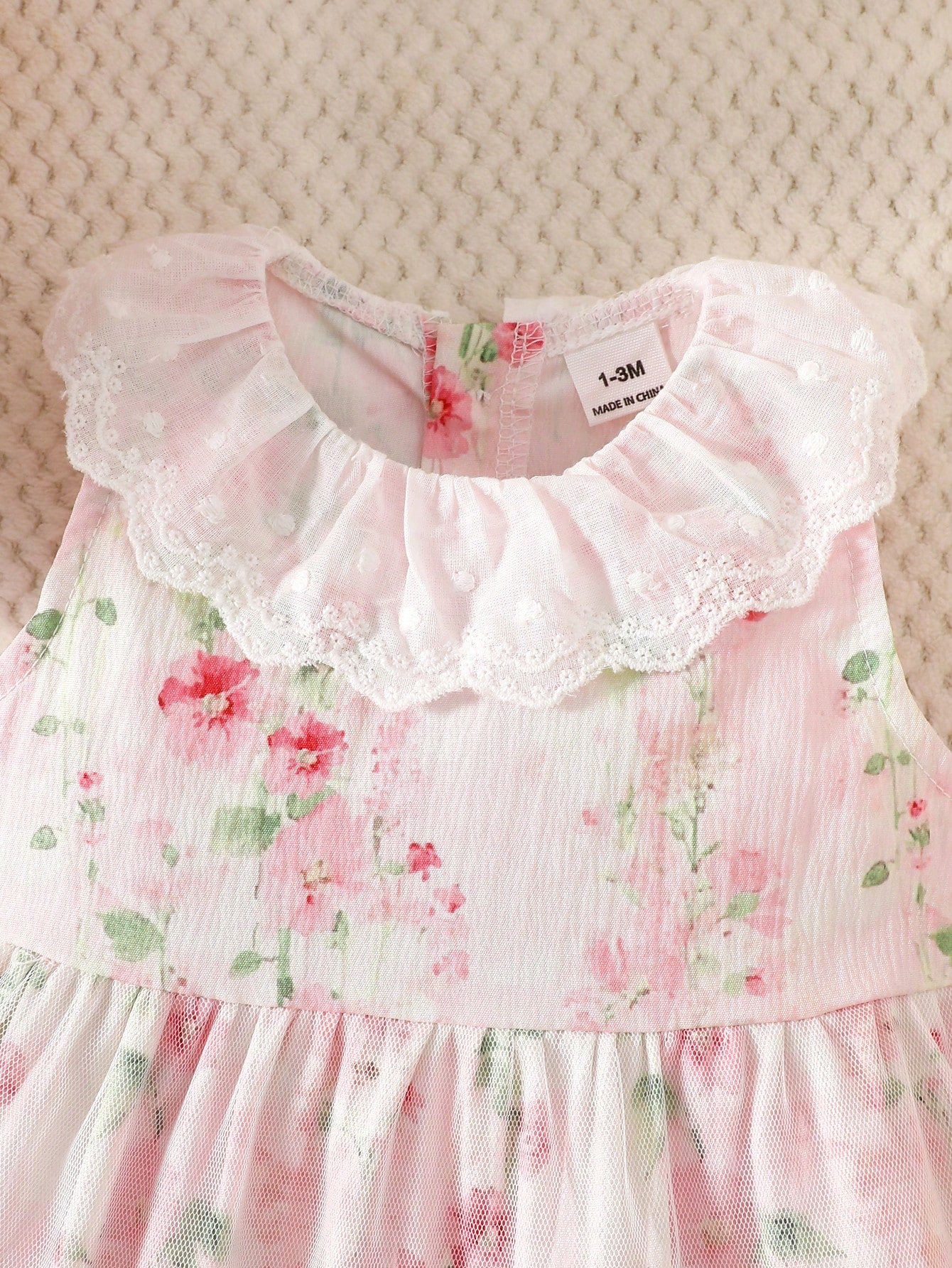 1pc Girls Sweet Princess Style Light Pink Ditsy Floral Lace Trim Mesh Sleeveless A-Line Dress Cute Lightweight Summer Dress For Birthday Festival