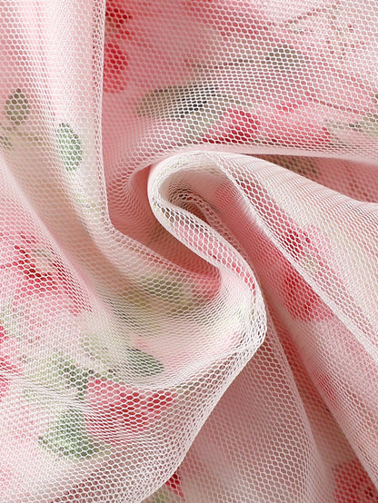 1pc Girls Sweet Princess Style Light Pink Ditsy Floral Lace Trim Mesh Sleeveless A-Line Dress Cute Lightweight Summer Dress For Birthday Festival