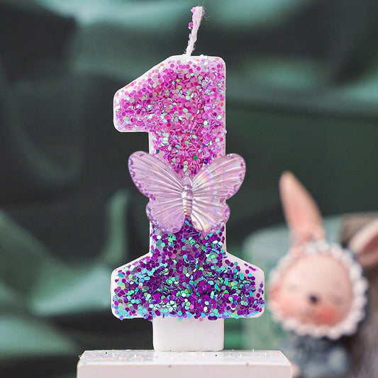 1pc Gradient Purple Iridescent Glitter Number 1 Birthday Candle With Transparent Butterfly Ornament, Baby Girl 1st Birthday Cake Topper