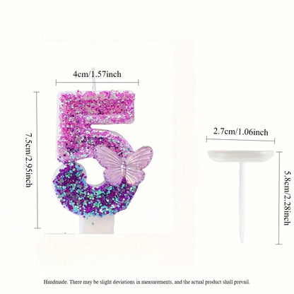 1pc Gradient Purple Iridescent Glitter Number 1 Birthday Candle With Transparent Butterfly Ornament, Baby Girl 1st Birthday Cake Topper