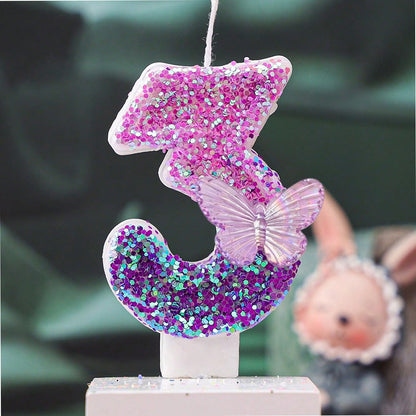 1pc Gradient Purple Iridescent Glitter Number 1 Birthday Candle With Transparent Butterfly Ornament, Baby Girl 1st Birthday Cake Topper