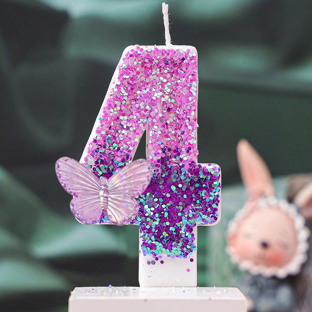 1pc Gradient Purple Iridescent Glitter Number 1 Birthday Candle With Transparent Butterfly Ornament, Baby Girl 1st Birthday Cake Topper