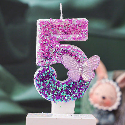 1pc Gradient Purple Iridescent Glitter Number 1 Birthday Candle With Transparent Butterfly Ornament, Baby Girl 1st Birthday Cake Topper
