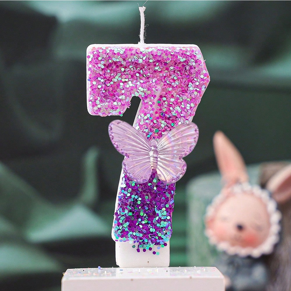 1pc Gradient Purple Iridescent Glitter Number 1 Birthday Candle With Transparent Butterfly Ornament, Baby Girl 1st Birthday Cake Topper
