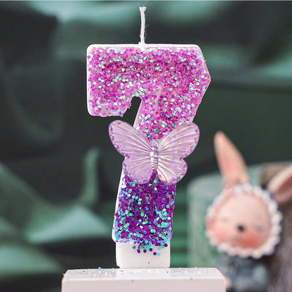 1pc Gradient Purple Iridescent Glitter Number 1 Birthday Candle With Transparent Butterfly Ornament, Baby Girl 1st Birthday Cake Topper