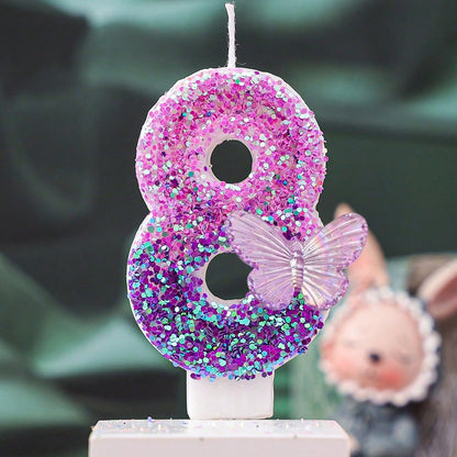1pc Gradient Purple Iridescent Glitter Number 1 Birthday Candle With Transparent Butterfly Ornament, Baby Girl 1st Birthday Cake Topper