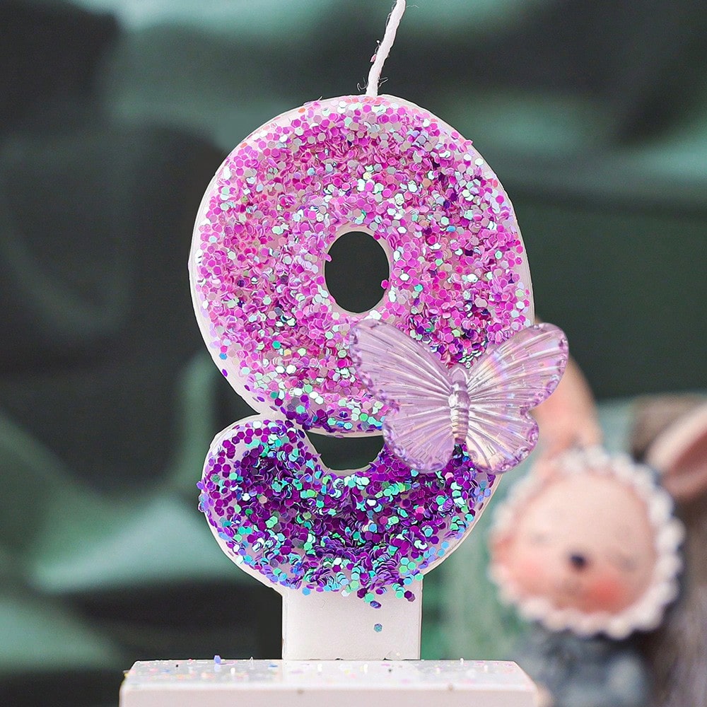 1pc Gradient Purple Iridescent Glitter Number 1 Birthday Candle With Transparent Butterfly Ornament, Baby Girl 1st Birthday Cake Topper