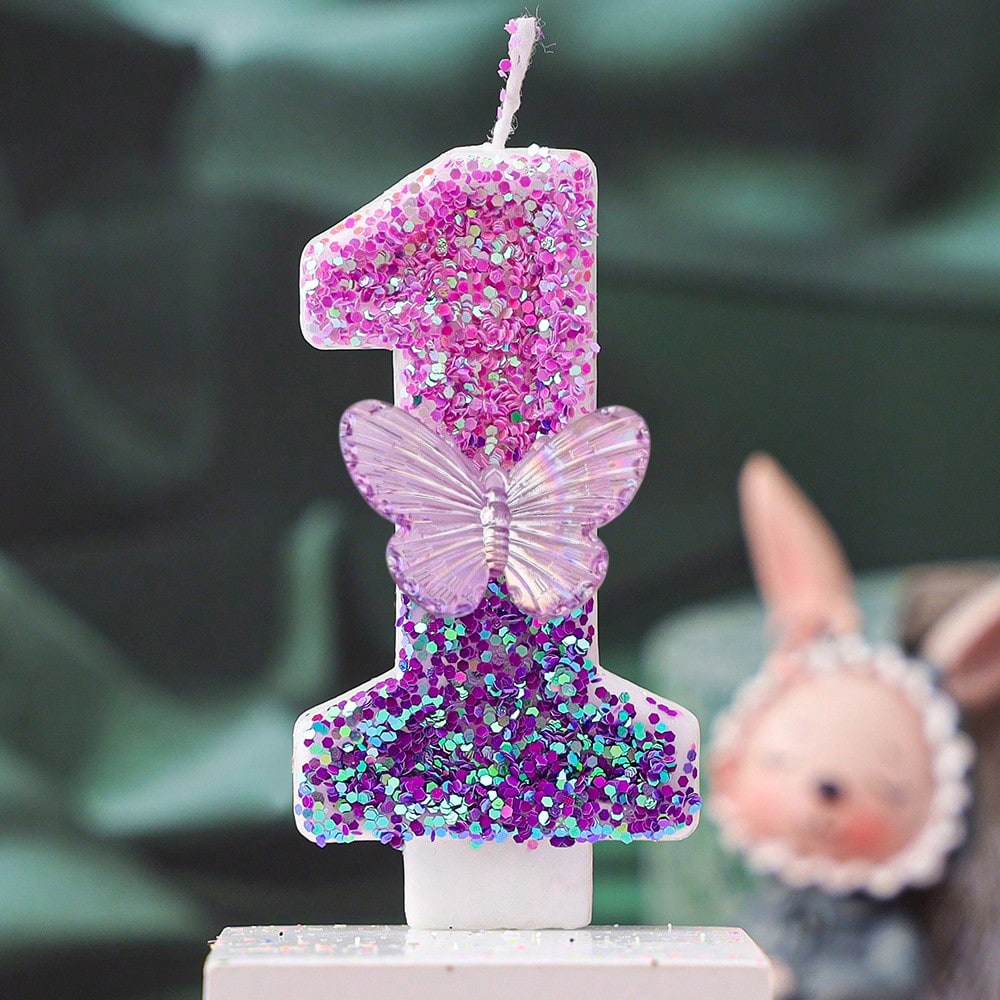 1pc Gradient Purple Iridescent Glitter Number 1 Birthday Candle With Transparent Butterfly Ornament, Baby Girl 1st Birthday Cake Topper