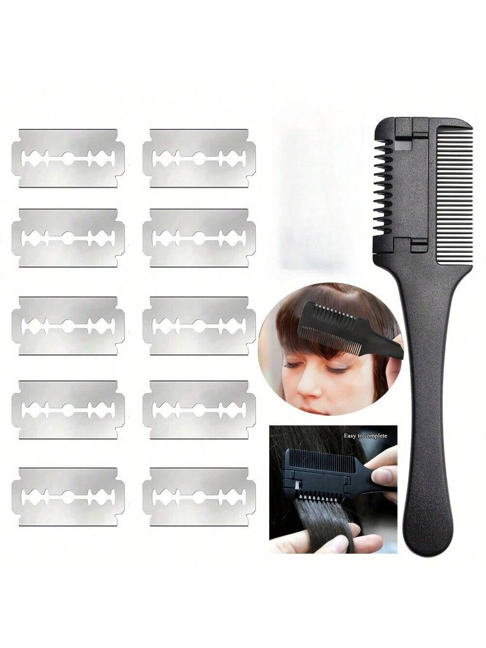 1pc Hair Comb, Fine Hair Razor Comb, Includes 10 Replacement Blades, Men's Fine Hair Trimming Comb, Suitable For Men With Thick And Thin Hair, Gym, Barbershop, Men's Accessories, Men's Head Care Produ