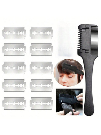 1pc Hair Comb, Fine Hair Razor Comb, Includes 10 Replacement Blades, Men's Fine Hair Trimming Comb, Suitable For Men With Thick And Thin Hair, Gym, Barbershop, Men's Accessories, Men's Head Care Produ