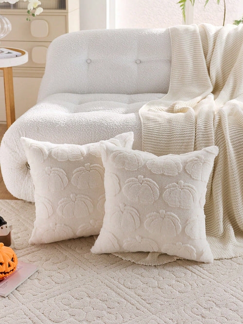 1pc Halloween Beige Pumpkin Decor Throw Pillow Case, Reverse Side With Plush Fabric, Square Cushion Cover, Holiday Home Pillow Sham Decor, Soft Velvet Fabric, Modern Decor For Sofa, Home & Bedroom,Fal
