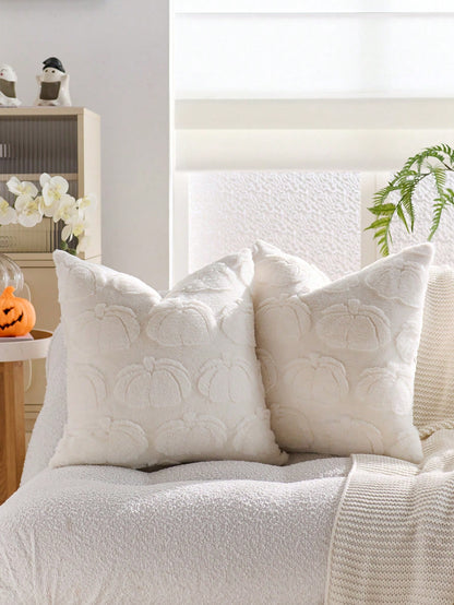 1pc Halloween Beige Pumpkin Decor Throw Pillow Case, Reverse Side With Plush Fabric, Square Cushion Cover, Holiday Home Pillow Sham Decor, Soft Velvet Fabric, Modern Decor For Sofa, Home & Bedroom,Fal