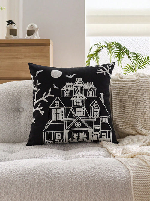 1pc Halloween Haunted House Embroidered Pillowcase, Halloween Bat Pillowcase, Suitable For Indoor Decoration, Halloween Decor, All-Season Pillowcase, Without Insert