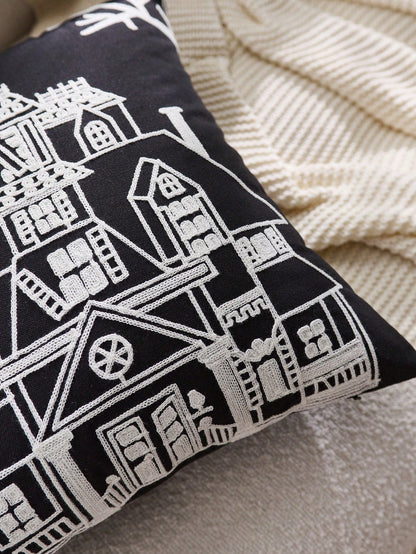 1pc Halloween Haunted House Embroidered Pillowcase, Halloween Bat Pillowcase, Suitable For Indoor Decoration, Halloween Decor, All-Season Pillowcase, Without Insert