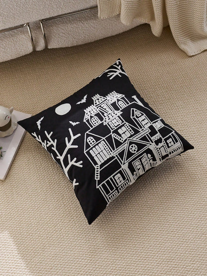 1pc Halloween Haunted House Embroidered Pillowcase, Halloween Bat Pillowcase, Suitable For Indoor Decoration, Halloween Decor, All-Season Pillowcase, Without Insert