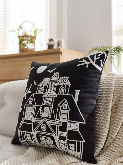 1pc Halloween Haunted House Embroidered Pillowcase, Halloween Bat Pillowcase, Suitable For Indoor Decoration, Halloween Decor, All-Season Pillowcase, Without Insert