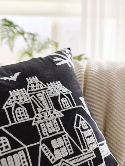 1pc Halloween Haunted House Embroidered Pillowcase, Halloween Bat Pillowcase, Suitable For Indoor Decoration, Halloween Decor, All-Season Pillowcase, Without Insert