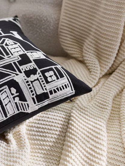 1pc Halloween Haunted House Embroidered Pillowcase, Halloween Bat Pillowcase, Suitable For Indoor Decoration, Halloween Decor, All-Season Pillowcase, Without Insert