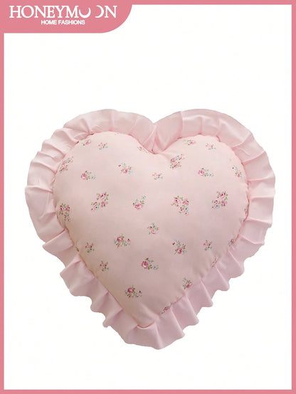 1pc Heart Shaped Printed Decorative Throw Pillow, Single-Sided Print, Romantic French Style With Ruffle Trim, Fashionable Accent Cushion For Living Room, Bedroom, Dorm, Sofa, Bench, Great Gift For Lov