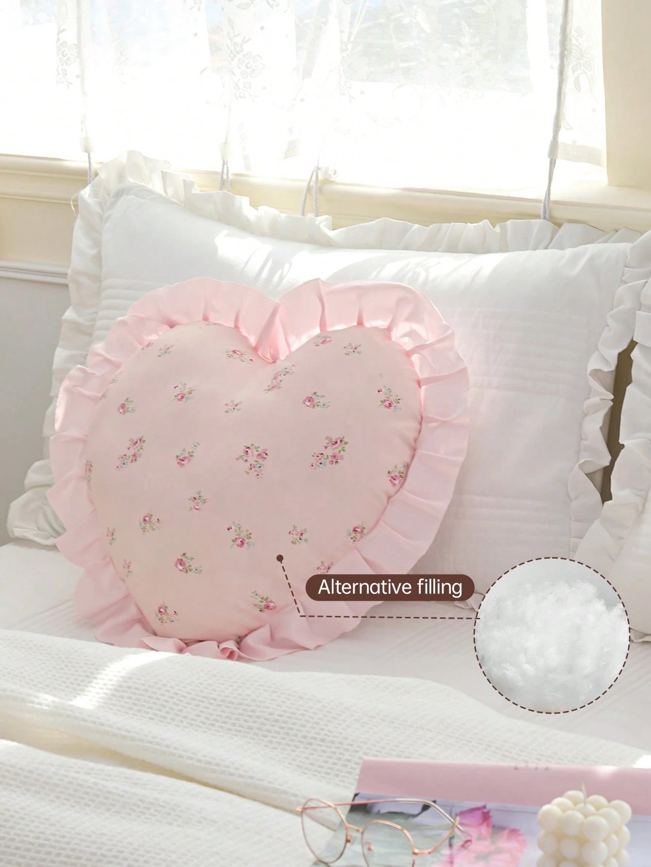 1pc Heart Shaped Printed Decorative Throw Pillow, Single-Sided Print, Romantic French Style With Ruffle Trim, Fashionable Accent Cushion For Living Room, Bedroom, Dorm, Sofa, Bench, Great Gift For Lov