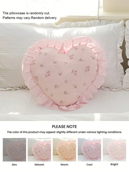 1pc Heart Shaped Printed Decorative Throw Pillow, Single-Sided Print, Romantic French Style With Ruffle Trim, Fashionable Accent Cushion For Living Room, Bedroom, Dorm, Sofa, Bench, Great Gift For Lov