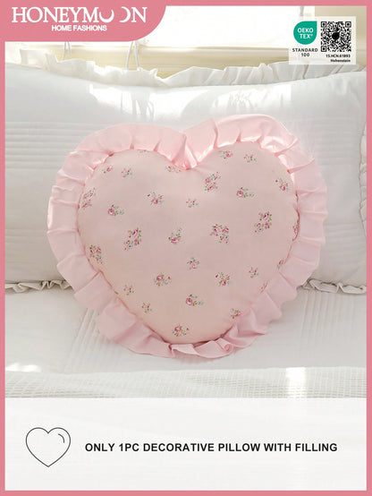 1pc Heart Shaped Printed Decorative Throw Pillow, Single-Sided Print, Romantic French Style With Ruffle Trim, Fashionable Accent Cushion For Living Room, Bedroom, Dorm, Sofa, Bench, Great Gift For Lov