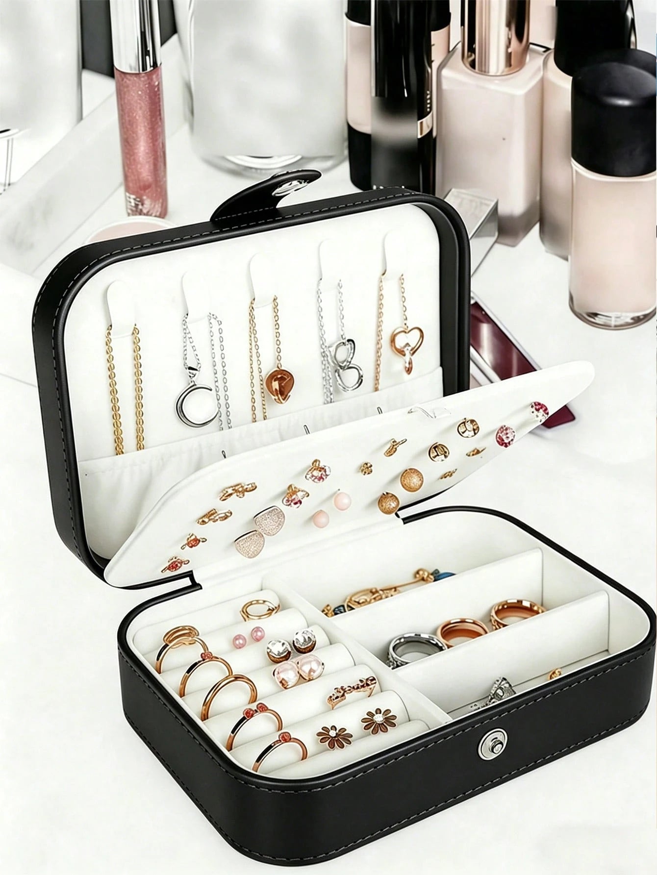 1pc Holiday Travel Jewelry Box PU Leather Jewelry Organizer Portable Jewelry Storage Organizer Jewelry Display Stand Multi-Function Ring Box Travel Essential Cruise Essential Vacation Essential Beach