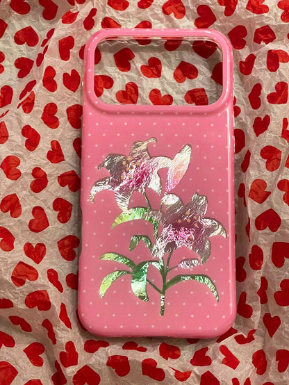 1PC Ins Polka Dot Lily Rose IMD Full Coverage Anti-Drop PC Phone Case Compatible With Apple 11 Pro Max/12 Pro Max/13 Pro Max/14 Pro Max/15 Pro Max/16 Pro Max/17 Pro Max