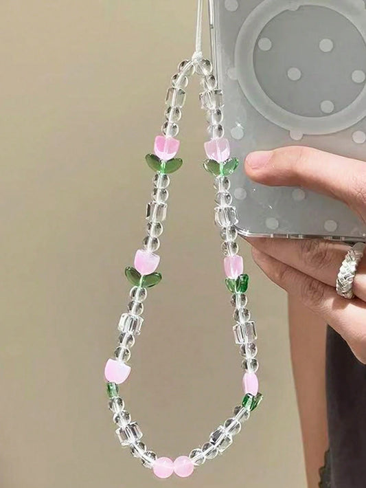 1pc Ins Tulip Phone Charm- Handmade Beaded Phone Chain For Hanging On The Phone, Camera Security Chain To Prevent Loss, Travel Security Phone Chain For Bags, Pendant For Keychains, Apple A IrPods Pro