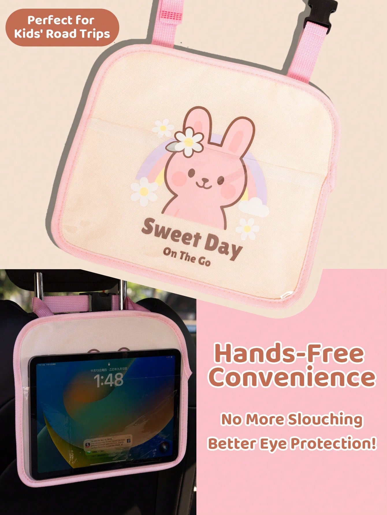 1pc Kids Car Backseat Holder- Cute Girl Design, Hands-Free Tablet Mount With Touchscreen Pocket, Convenient For Healthy Viewing And Travel Entertainment
