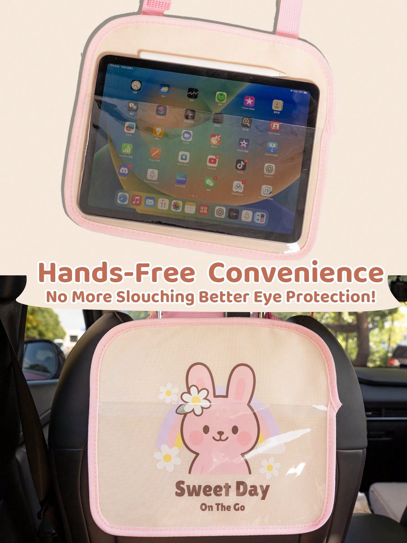 1pc Kids Car Backseat Holder- Cute Girl Design, Hands-Free Tablet Mount With Touchscreen Pocket, Convenient For Healthy Viewing And Travel Entertainment