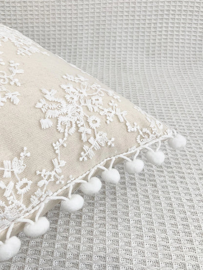 1pc Lace Embroidered Pom Pom Bow Decorative Waist Pillow Cover, Home Decor For Living Room, Sofa, Bedroom
