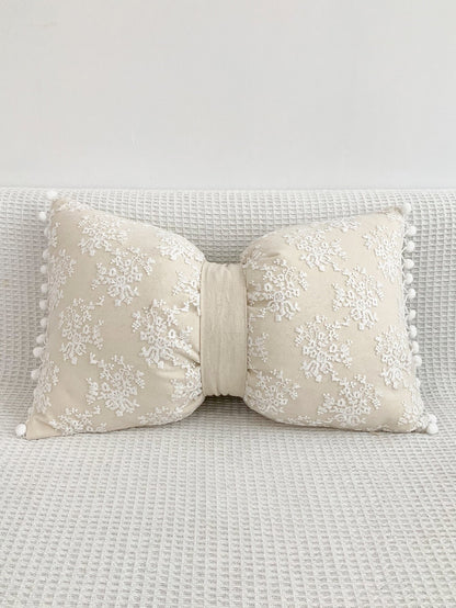 1pc Lace Embroidered Pom Pom Bow Decorative Waist Pillow Cover, Home Decor For Living Room, Sofa, Bedroom