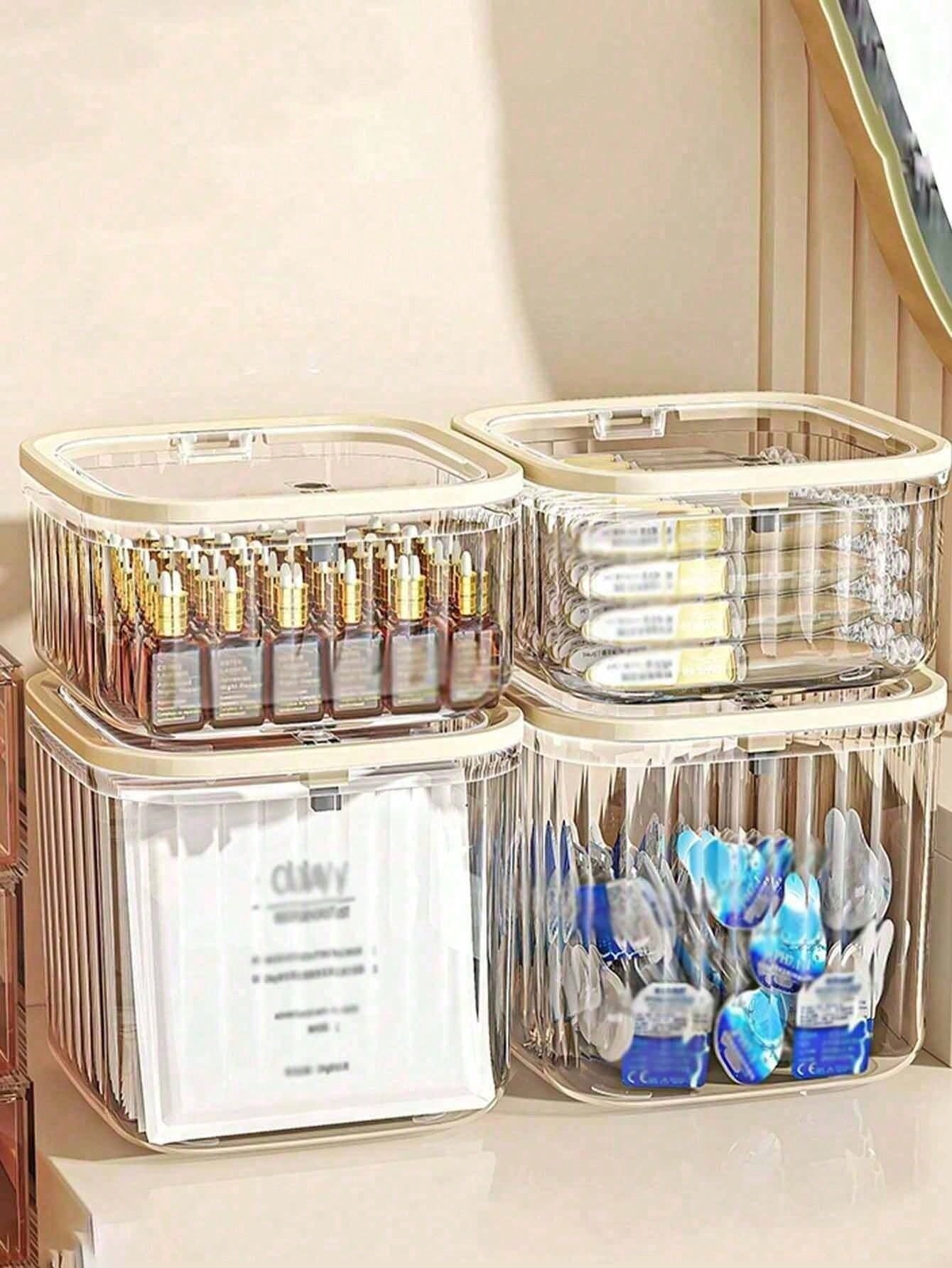 1pc Large Capacity Transparent Striped Plastic Storage Bucket, Beige Frame Square Dust-Proof Flip Lid Organizer Box, Desktop Hair Accessories & Cosmetics Storage Box, Suitable For Bedroom, Bathroom, H