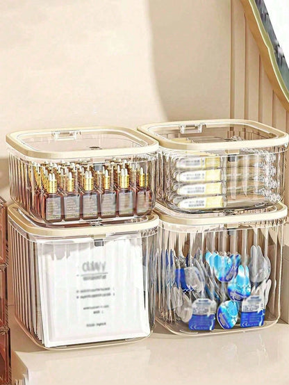1pc Large Capacity Transparent Striped Plastic Storage Bucket, Beige Frame Square Dust-Proof Flip Lid Organizer Box, Desktop Hair Accessories & Cosmetics Storage Box, Suitable For Bedroom, Bathroom, H